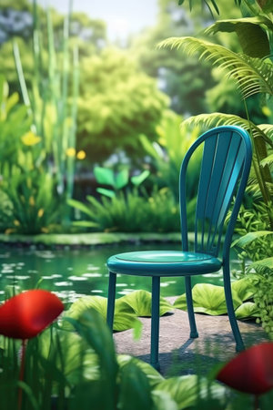 Garden chair near the pond in a beautiful green garden. Colorful realistic illustration. Generative AI artの素材