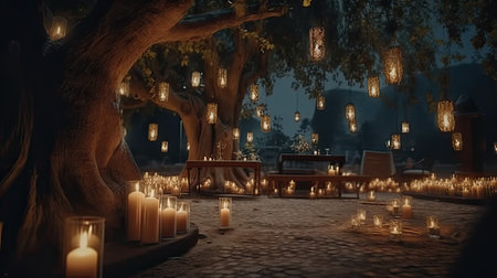 Night wedding background with a lot of candles and vintage lamps on big tree. Colorful realistic illustration. Generative AI artの素材