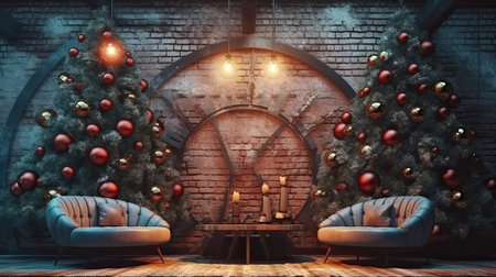Christmas, New Year interior with brick wall background, decorated fir tree with garlands and balls. Colorful realistic illustration. Generative AI artの素材