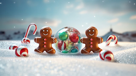 Merry Christmas and Happy New Year. Christmas ornaments glass balls with gingerbread man side on snow. Colorful realistic illustration. Generative AI artの素材