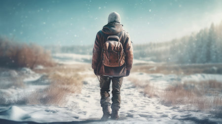 Traveler character illustration. Extreme outdoor sport. Hiker looking for adventure. Generative AI artの素材