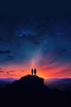 Dark silhouette of young couple hiker were standing at the top of the mountain looking at the stars at twilight sky. Colorful realistic illustration. Generative AI artの素材