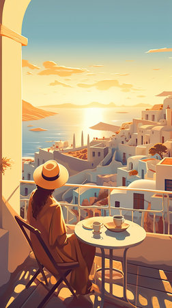 Young woman wearing hat, looking at beautiful view of Santorini and enjoying sunset. Colorful realistic illustration. Generative AI artの素材