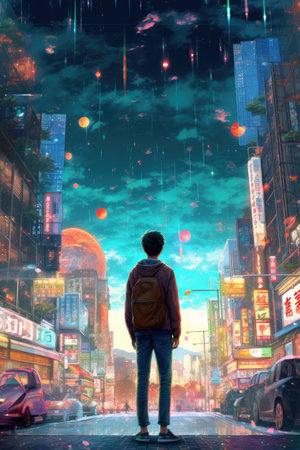 Man looking at the city at twilight time. Colorful realistic illustration. Generative AI artの素材