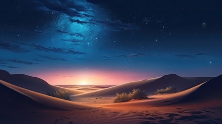 Scenic view of sandy desert under sky with stars at twilight time. Colorful painting illustration. Generative AI artの素材