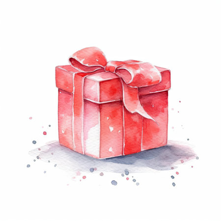 Christmas and New year day, red gift box on white background. Colorful watercolor illustration. Generative AI artの素材