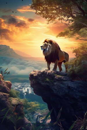 Lion in nature at mountain valley. Generative AI artの素材