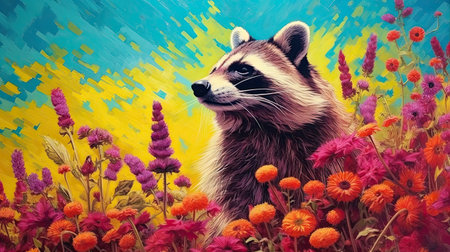 Raccoon in field of wild flowers. Generative AI artの素材