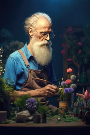 Close up of mature bearded caucasian man in blue t-shirt planting flowers. Colorful realistic illustration. Generative AI artの素材