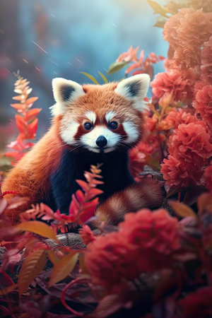 Red panda bear in nature at mountain valley. Generative AI artの素材
