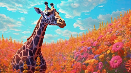 Giraffe in field of wild flowers. Generative AI artの素材