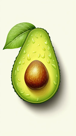 Avocado with leaf isolated on white background. Colorful realistic illustration. Generative AI artの素材