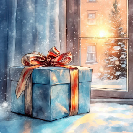 Christmas holiday background with gift and decorations on sunny background. Colorful watercolor illustration. Generative AI artの素材