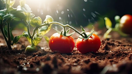 Planting tomatoes seedling in organic garden. Colorful realistic illustration. Generative AI artの素材