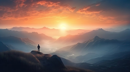 Man on the mountain peak looking on mountain valley with low clouds at colorful sunset. Colorful realistic illustration. Generative AI artの素材
