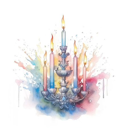 Happy Hanukkah card with menorah symbol. Colorful watercolor illustration. Generative AI artの素材
