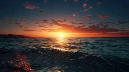 View of sunset into the calm ocean with twilight sky. Colorful realistic illustration. Generative AI artの素材