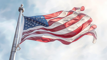 American flag waving in the wind on flagpole. Colorful realistic illustration. Generative AI artの素材