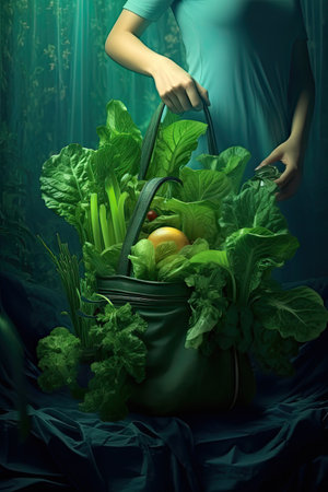 Female hands hold eco bag of vegetables, greens. Sustainable lifestyle concept. Colorful realistic illustration. Generative AI artの素材