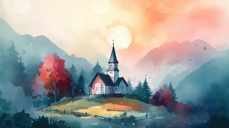 Mountains in fog with beautiful house and church at night in summer. Colorful watercolor painting illustration. Generative AI artの素材