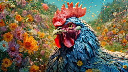 Chicken in field of wild flowers. Generative AI artの素材