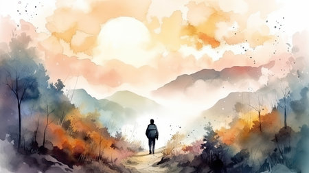 Man on the mountain peak looking on mountain valley with low clouds at colorful sunset. Colorful watercolor painting illustration. Generative AI artの素材