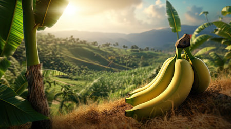 Banana fresh fruit in the landscape background. Generative AI artの素材