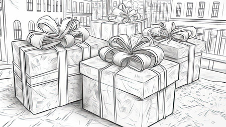 Gift boxes with bows and ribbons. Hand-drawn painting illustration. Generative AI artの素材