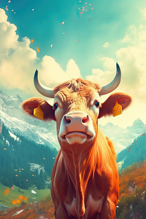 Cow in nature at mountain valley. Generative AI artの素材