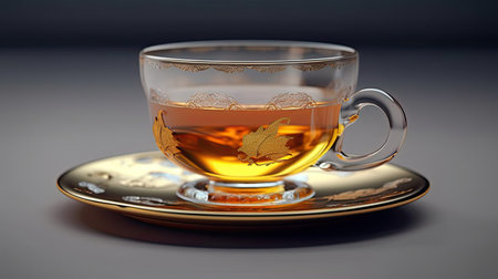 Tea in white cup with gold rim. Grey background. Colorful realistic illustration. Generative AI artの素材