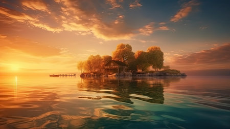 Bright sunset over lake Geneva, golden clouds reflect in the water at twilight time. Colorful realistic illustration. Generative AI artの素材