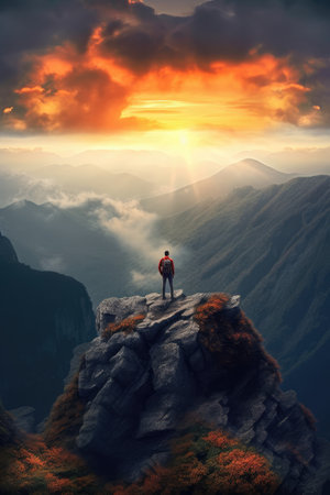 Man on the mountain peak looking on mountain valley with low clouds at colorful sunset. Colorful realistic illustration. Generative AI artの素材