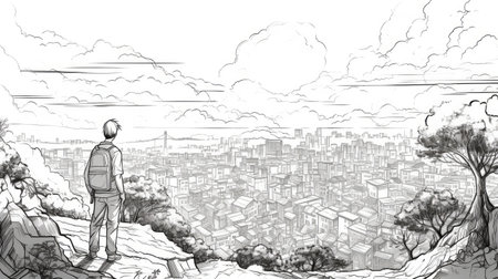 Man looking at the city at twilight time. Black and white painting illustration. Generative AI artの素材