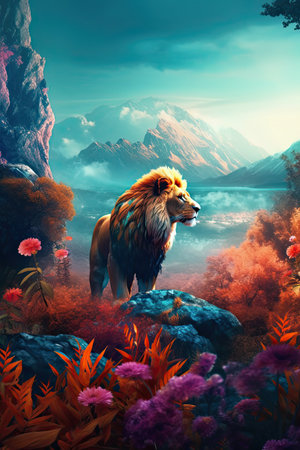 Lion in nature at mountain valley. Generative AI artの素材