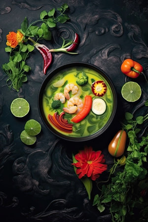 Green Curry meal on black stone surface background. Generative AI artの素材