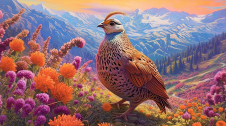Quail in field of wild flowers. Generative AI artの素材