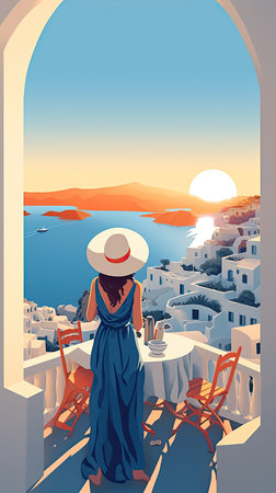 Young woman wearing hat, looking at beautiful view of Santorini and enjoying sunset. Colorful realistic illustration. Generative AI artの素材