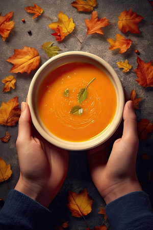 Kids hands holding a bowl with pumpkin soup. Marble background. Top view. Colorful realistic illustration. Generative AI artの素材