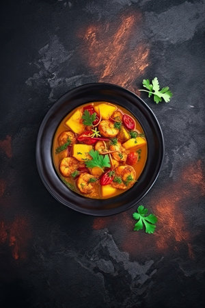 Curry meal on black stone surface background. Generative AI artの素材