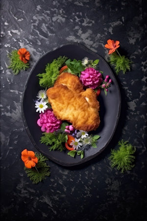 Chicken fried steak meal on black stone surface background. Generative AI artの素材