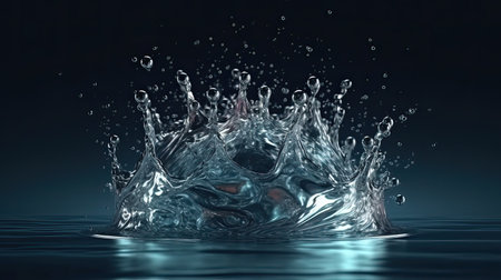 Water crown splashes and wave swirl with drops. Blue liquid splashing fluids with droplets, clear aqua falling or pour with air bubbles. Colorful realistic illustration. Generative AI artの素材