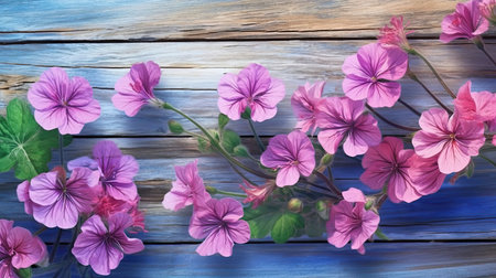 Geranium flowers on wooden planks background. Beautiful blooming plants. Generative AI artの素材