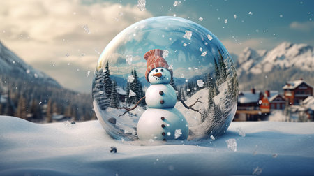 Christmas snowman in a glass globe. Colorful realistic illustration. Generative AI artの素材
