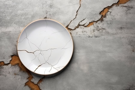 Stone surface with empty white plate. Background with stone pattern. Generative AI artの素材