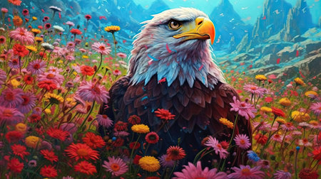 Bald eagle in field of wild flowers. Generative AI artの素材