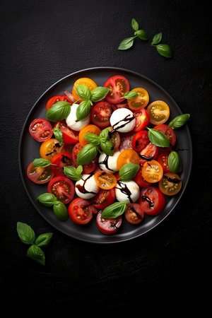 Caprese salad vegetarian dish on black stone surface background. Generative AI artの素材