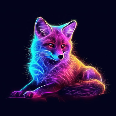 Cute Red fo animal in neon style. Portrait of glow light animal. Generative AI artの素材