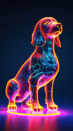 Neon light Cocker Spaniel animal on black background. Portrait of glow light animal. Generative AI artの素材