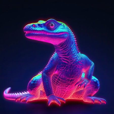 Cute Alligator animal in neon style. Portrait of glow light animal. Generative AI artの素材