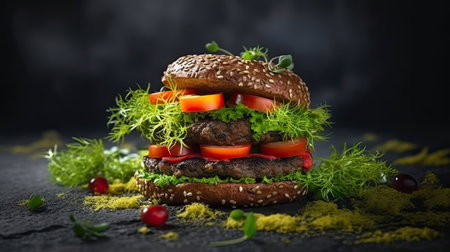 Lentil burgers vegetarian meal on dark background. Generative AI artの素材